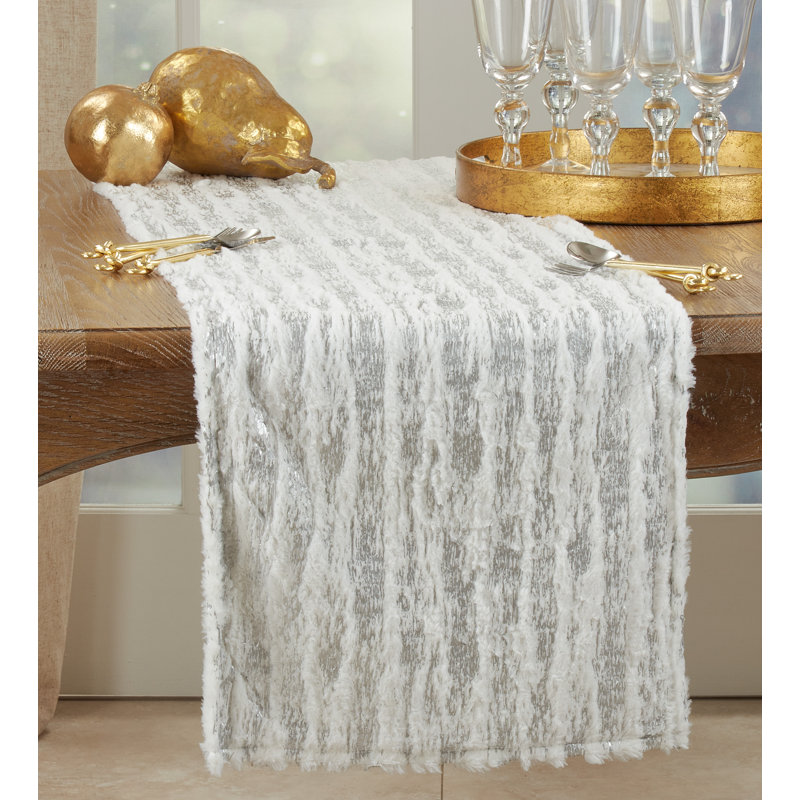 Tarrytown Textured Faux Fur with Brushed Metallic Foil Print Table Runner, Silver, 108" x 16"