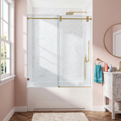 Porte de douche coulissante simple sans cadre, verre trempé de 10 mm (3/8 po) avec pellicule anti-éclats, roulettes silencieuses en acier inoxydable