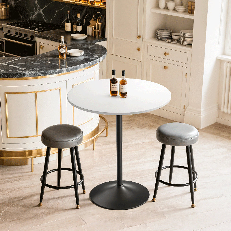 32" Bistro Pub Table, Adjustable Round Bar Height Cocktail Table With Metal Base and Wood Tabletop, White