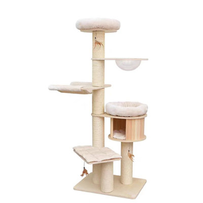 76.18" Beige Standard Solid + Manufactured Wood Cat Tree