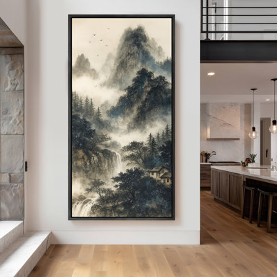 Large Framed Canvas Wall Art - Zen Asian Mountain Waterfall Traditional Ink Style Landscape Prints - 60"x30"