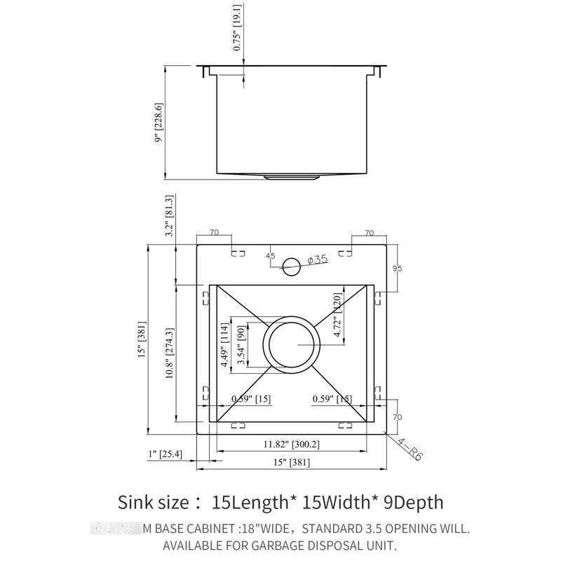 Évier de cuisine 15 po à cuve simple encastrable en acier inoxydable de calibre 18, T304, rouille et teinté, rails à l'arrière pour un espace de travail supplémentaire, drainage complet de conception radiale, livré avec ensemble de drain