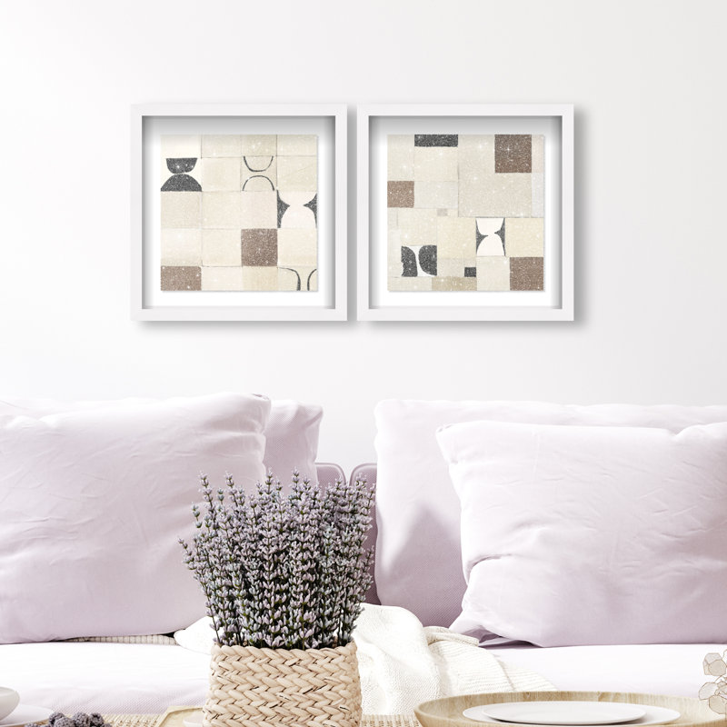 Boho Tiles Set Shadowbox Abstract Print by Oliver Gal, Black Frame, 12 x 12, 13.5" H x 13.5" W, White Shadowbox