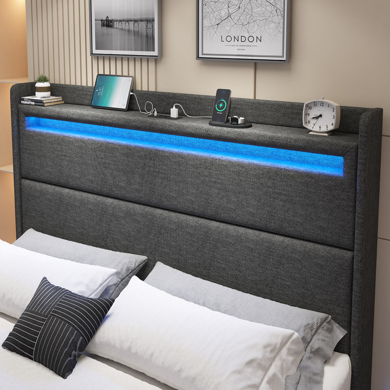 Floating Bed Frame with LED Lights, Upholstered Platform Bed, Dark Gray, Full / Double