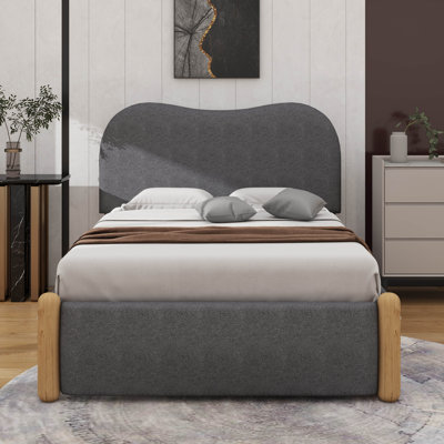 Lit plateforme tapissier avec pieds de support en bois et lit gigogne