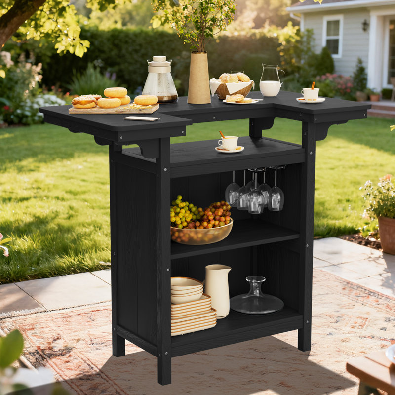 Outdoor Bar Table with Storage and Glass Holder in HDPE – Weather-Resistant Patio Bar Station, Black