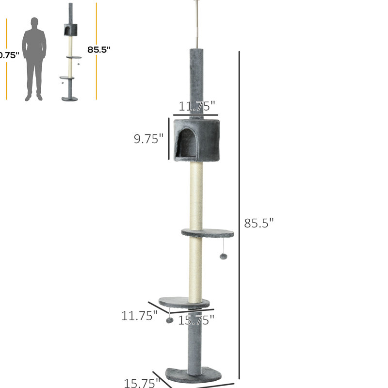 Tour d'activité 85,5 po - centre d'escalade à 4 pieds. Poteau à griffes, boules suspendues. Solide et confortable. Gris. Pour chats légers. Chat à hauteur réglable de 10 lb avec tissu sécuritaire. Tissu doux. Jusqu'à