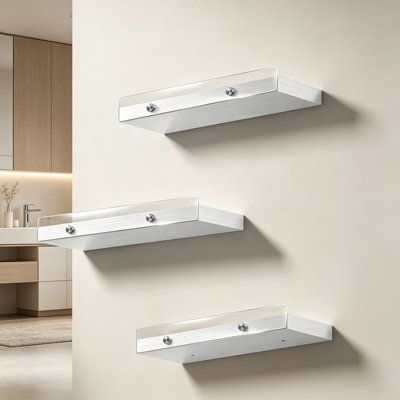 3 Pack Wooden Floating Shelves for Wall with Acrylic Front Lip, 15.7 Inch Wall Mounted Rustic Style Shelves for Bathroom, Bedroom, Living Room, Kitchen, Hanging Storage Shelves, White