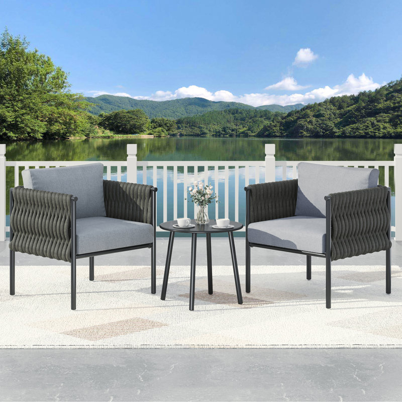 3-Piece Patio Conversation Sets, Iron Rope Armchairs with Coffee Table, Modern Outdoor Furniture with Thick Cushions, Durable and Weather-Resistant for Garden, Porch, or Balcony