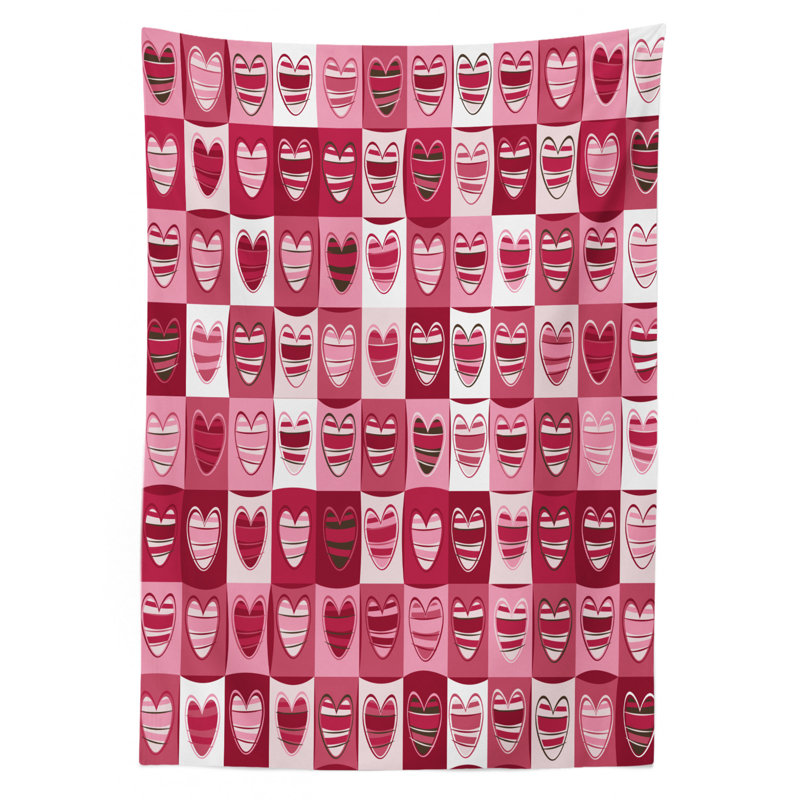 Ambesonne Love Tablecloth, Hearts For Valentine Checked Pattern Square Geometric Vintage, Rectangular Table Cover For Dining Room Kitchen Decor, 52" X 70", Dried Rose White