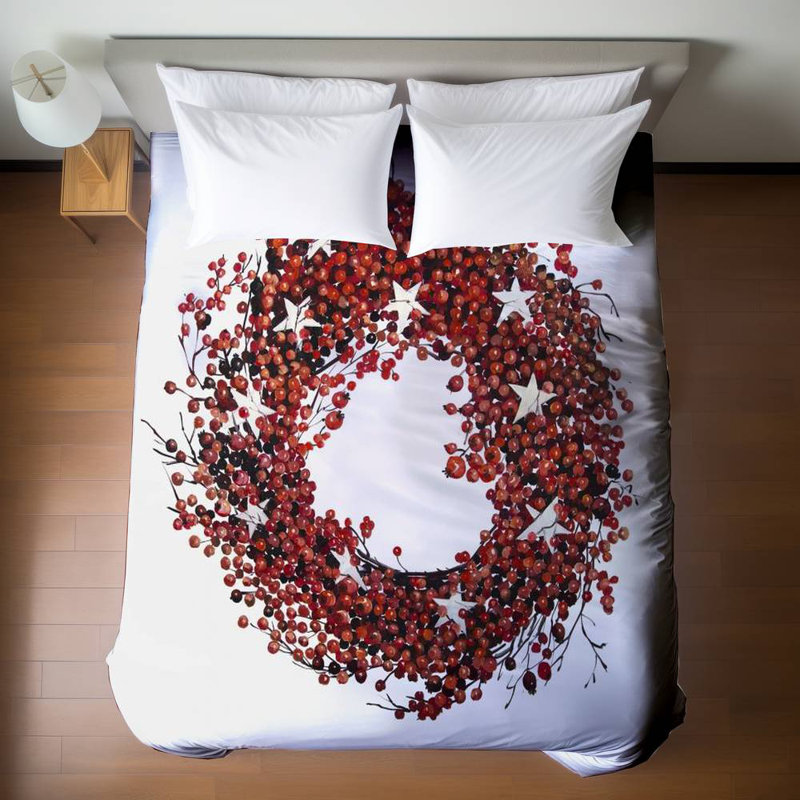 Botanical Red Rustic Queen Duvet Cover - Red Berry Wreath