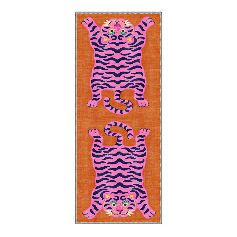 Tigris Animal Print Machine Washable Red / Pink Area Rug Indoor with Non-Slip Backing, Runner 2'6" x 8'