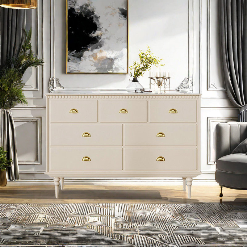 Commode 7 tiroirs style rétro de luxe rétro, Blanc