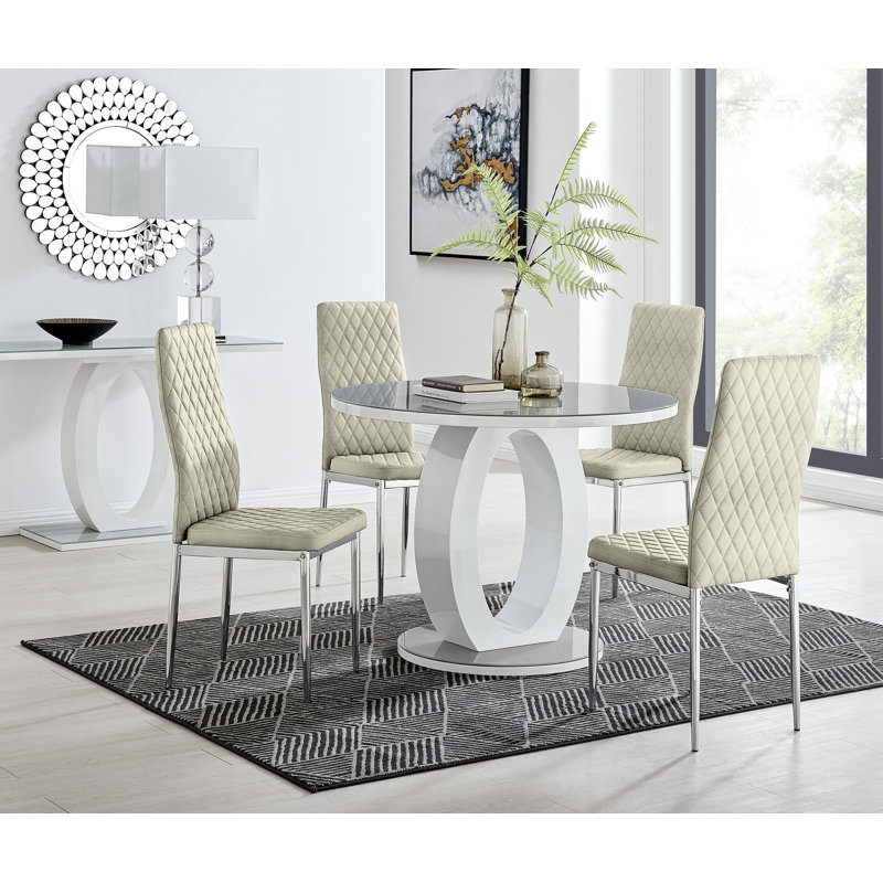 Scottsmoor Modern Halo 4 Seat Round Dining Table Set - Luxury Velvet Dining Chairs, Grey, Cream/Silver