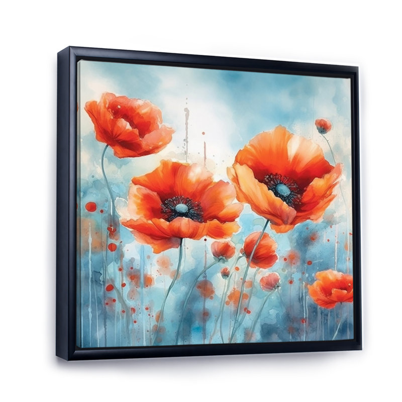 Corail vibrant coquelicots I sur toile, H 16 po x l 16 po x P 1 po, Cadre flottant noir