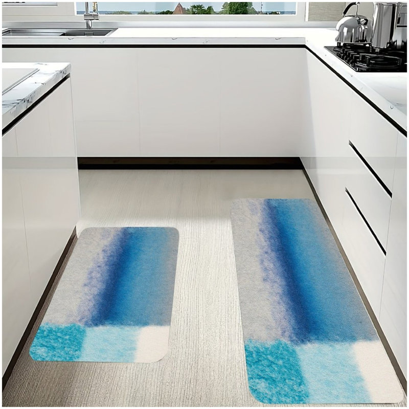 2 tapis de cuisine à l'aquarelle bleue, tapis de sol lavables pour la salle de bain et la cuisine, art minimaliste