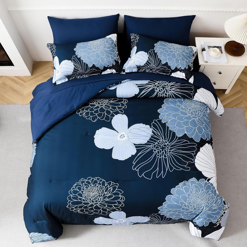 7 Pieces Flower Pattern Comforter Set Queen Size, Blue Floral, Queen Comforter + 7 Additional Pieces