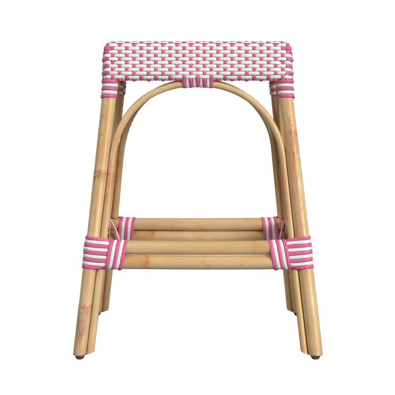 Robias Rattan Bar & Counter Stool, White/Pink Dot/ Natural Rattan Frame, Counter Stool (24.5" Seat Height)