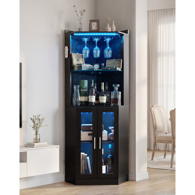 Armoire à vin de coin, armoire de bar avec rangement spacieux, buffet moderne avec support en verre, luminosité DEL réglable, sangle anti-basculement, pour la maison, le salon, la salle à manger, le bois noir