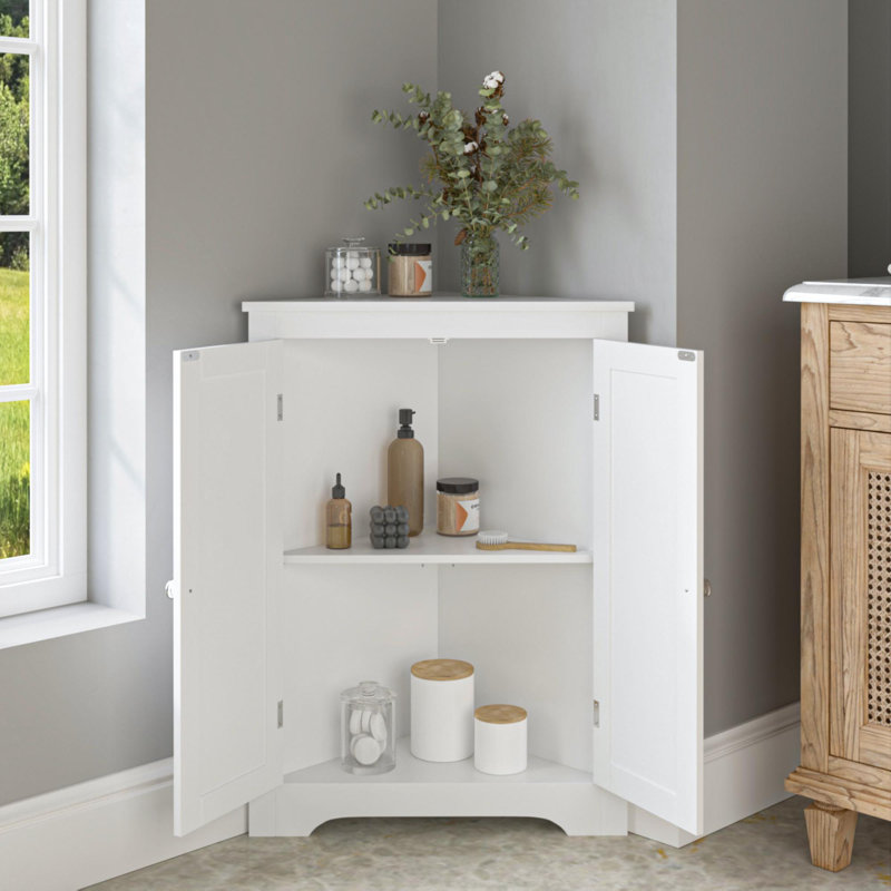Floor Corner Cabinet With 2 Doors And Adjustable Shelves, Freestanding Narrow Cabinet Organizer, Corner Storage Cabinets