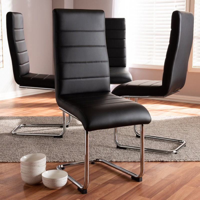 17.91'' H Faux Leather Upholstered Metal Dining Chair, Black