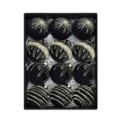 12Pcs/Set Velvet Christmas Ball Pendant 8Cm 3.2Inch Christmas Tree Decoration Ball Christmas Ball Gift Box,Black