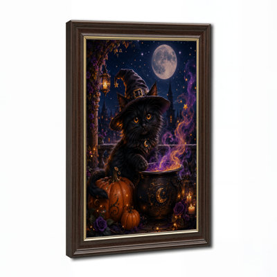 Black Cat Witch Stirring Cauldron Under Full Moon Halloween Canvas Wall Art
