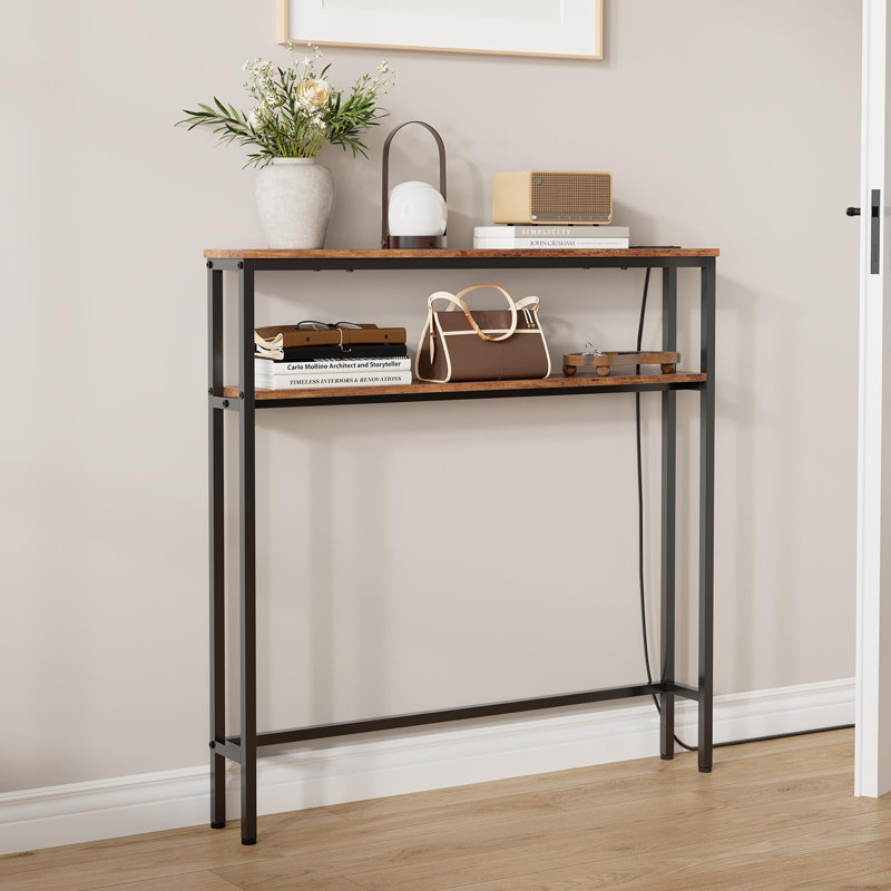 Console étroite avec prises de courant, canapé mince à 2 niveaux avec 2 tablettes, structure en métal, table d'entrée pour canapé dans le salon, couloir, vestibule, style industriel, brun rustique