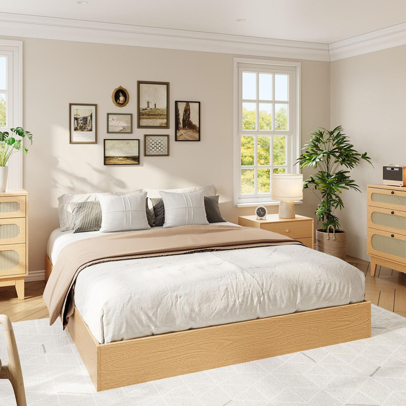 Wood Platform Bed with Sturdy Wooden Slats, Floor-Standing Bed Frame, Modern Minimalist Design Space-Saving Bed Frame, Pine