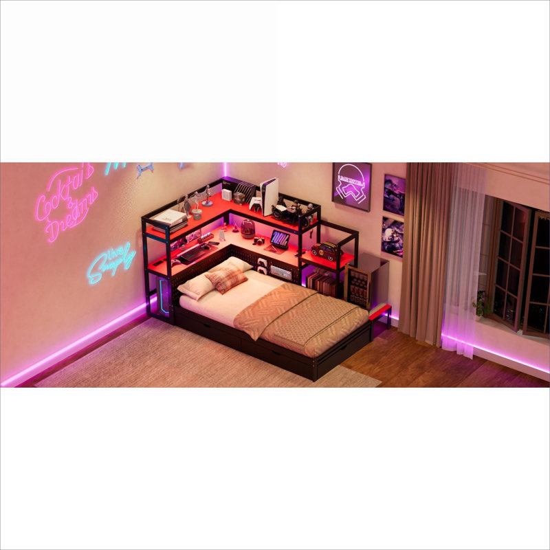 Twin Sized Matte Black MDF Platform Gaming Daybed, Modern Multi-Functional Design for Bedroom