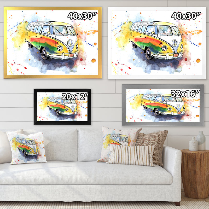 «Retro Grungy Hippy Bus», peinture sur toile, Cadre de coin argenté fermé, H 24 po x l 32 po x P 1 po