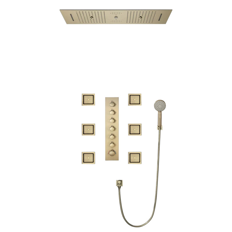 Système de douche thermostatique à colonne encastrée avec plafonnier encastré à finition or brossé Trapani