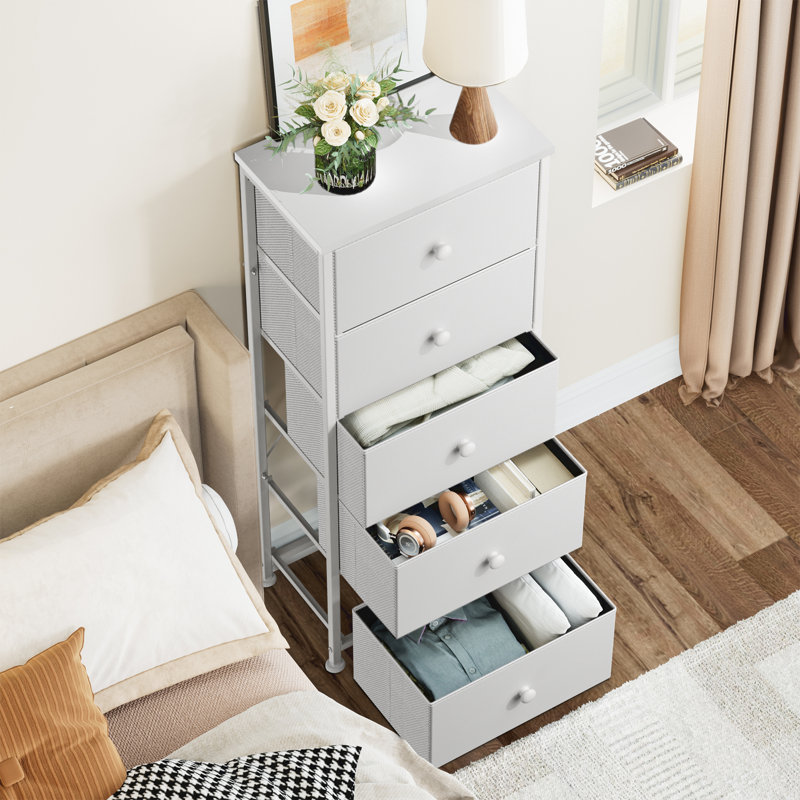 Commode 5 tiroirs, commode de chambre à coucher Ojaswi, Blanc / blanc