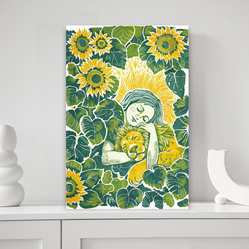 Sunflower Girl'S Dream Peaceful Serene Vibrant Lion Sunflower Nature Summer Wall Art Print by Pictufy Studio IV - Wrapped Canvas Print