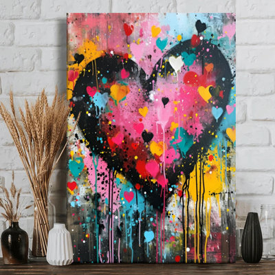 Colorful Heart Shapes Splattered with Vibrant Paint - Abstract Wall Art Print on Gallery Wrapped Canvas, 36" H x 24" W, Ready to Hang