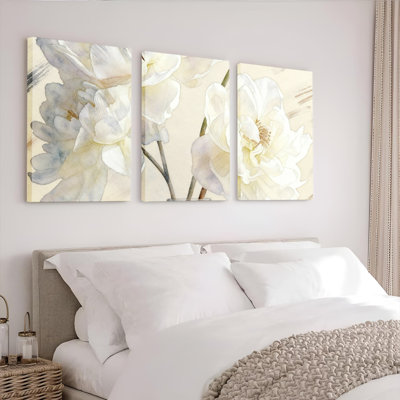 Ensemble de 3 tableaux muraux sur toile tendue, motif floral blanc aquarelle