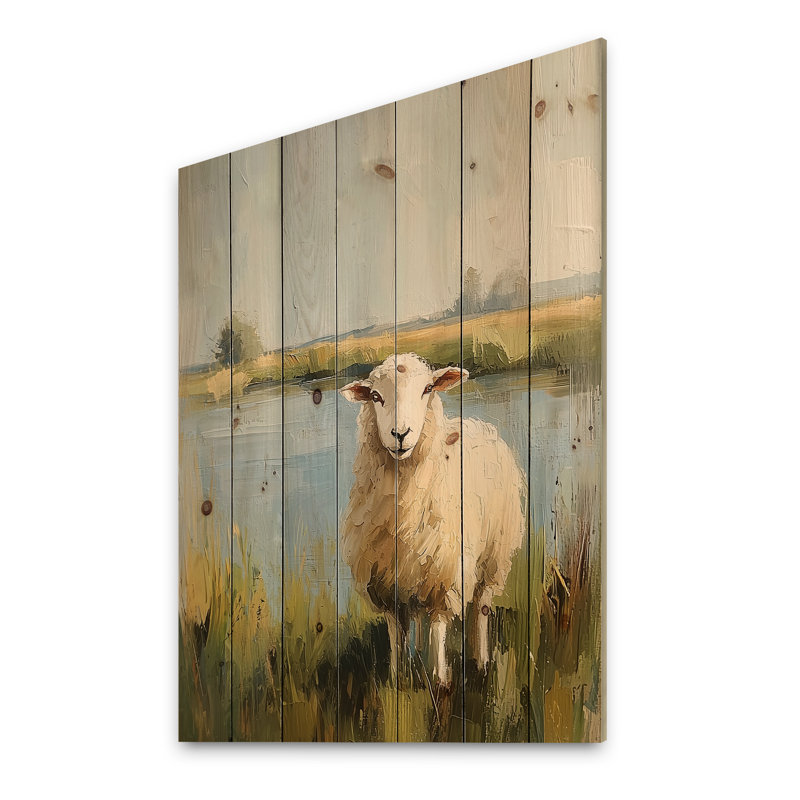 Mouton au bord de l'étang avec brise douce - Décoration murale en bois de mouton - sur bois de pin naturel