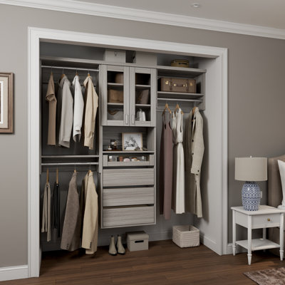 Grey Oak 76.5" Wall-Mounted Single Wall Closet System with 3 Sections, Glass Doors, 3 Clothing Rods, 5 Shelves & 4 Reveal Drawers