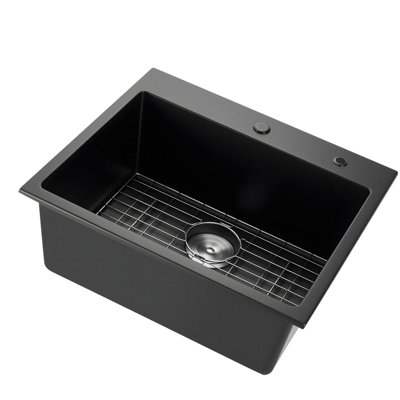 Poste de travail pour évier de cuisine de 25 pouces, éviers en granite à montage sur le dessus, lavabo simple encastré avec plusieurs accessoires, éviers de lave-vaisselle pour véhicule récréatif, cuisine de préparation et bar (noir)