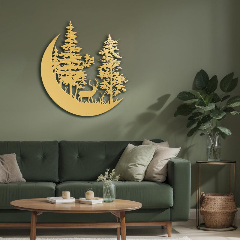 Deer in Pine Trees Forest Minimalist Modern Abstract Wall Sculpture Hangings Metal Wall Décor, Gold, 24" H x 24" W x 0.05" D