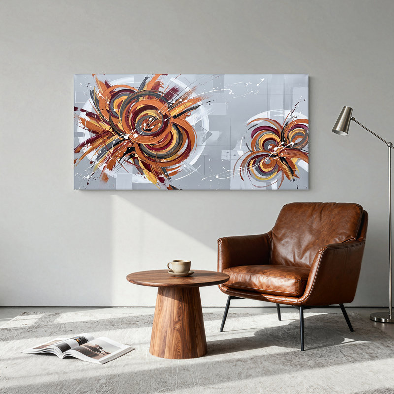 Toile murale abstraite à motifs tourbillonnants orange et bourgogne sur fond gris, 58“W x 28”H