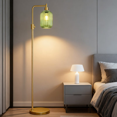 Lampe sur pied moderne en verre à intensité variable avec abat-jour côtelé, lampe sur pied dorée pour le salon, la chambre à coucher et le bureau, ampoule DEL 2700K incluse