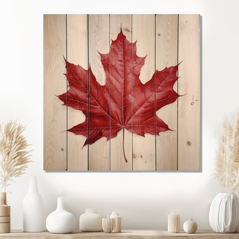 «Scarlet Maple Leaf Simplicity I», art mural sur bois de pin naturel, H 15 po x l 15 po