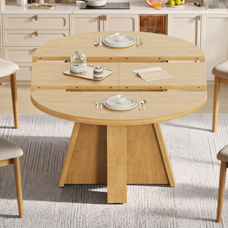 43"-59" Extendable Round Dining Table for 4-8, Oval Expendable Dining Room Table with Removable Leaves, Wood Base Kitchen Table with Storage Shelf Space Saving for Living Room, Oak