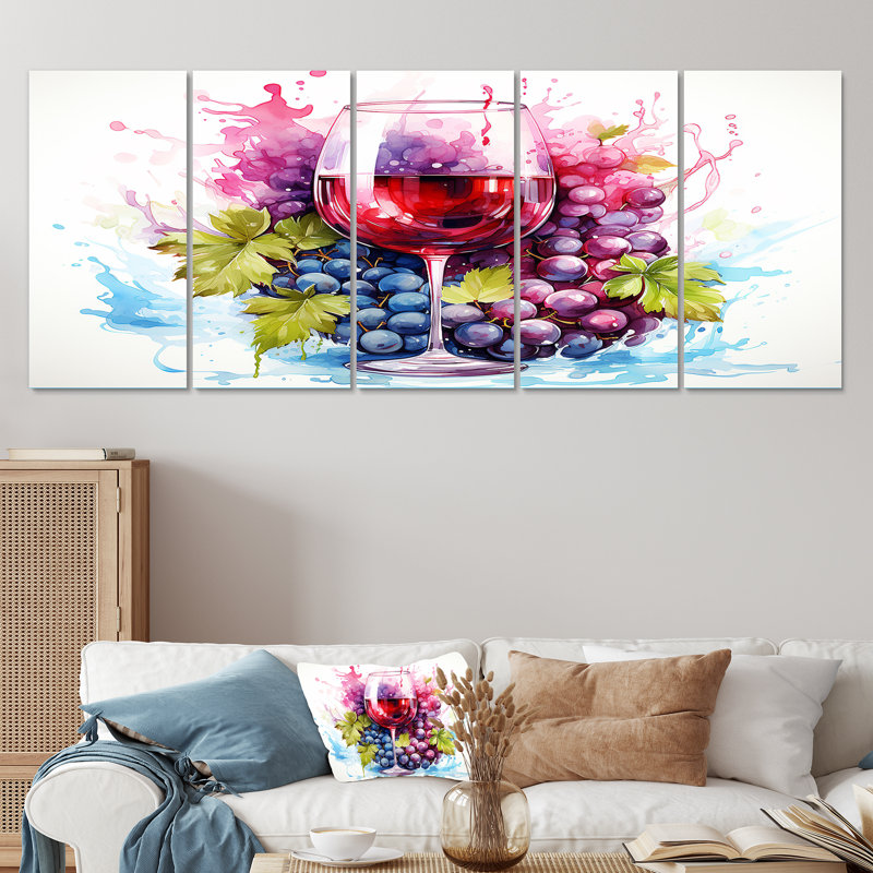 Grape Elegantburgundy Wine II - vin, art mural 5 pièces, H 32 po x l 80 po