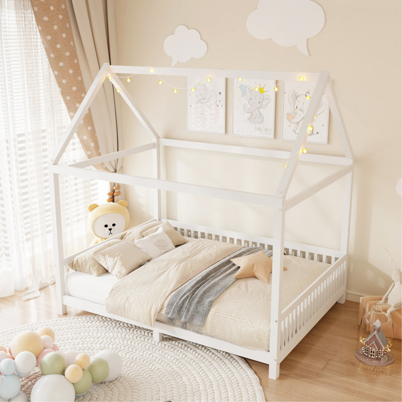 Wood Full Size House Bed With Guardrail And LED, White, Full 