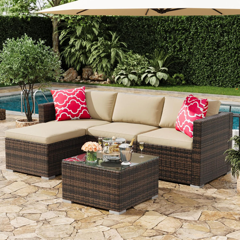 5-Piece Outdoor Patio Sectional Set with Ottoman & Tempered Glass Table, Convertible PE Rattan Sofa Set, All-Weather Garden, Backyard, Porch, and Poolside Furniture