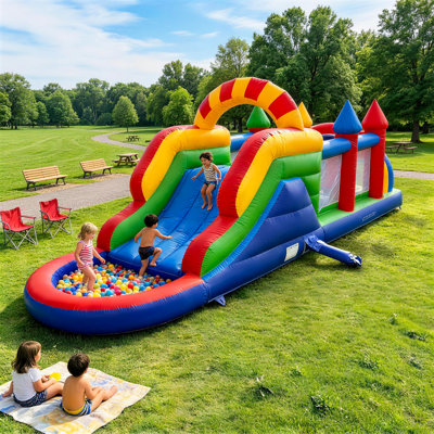 26FT Inflatable Obstacle Course & Castle Bounce House with Blower, PVC Obstacle Course with Tunnel and Slide, Jumping Bouncer for Backyard Home Fun”