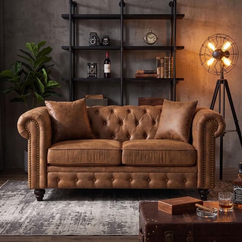 Causeuse de bureau 63,5 po capitonnée à boutons Chesterfield, Tanné, 2 places (causeuse)