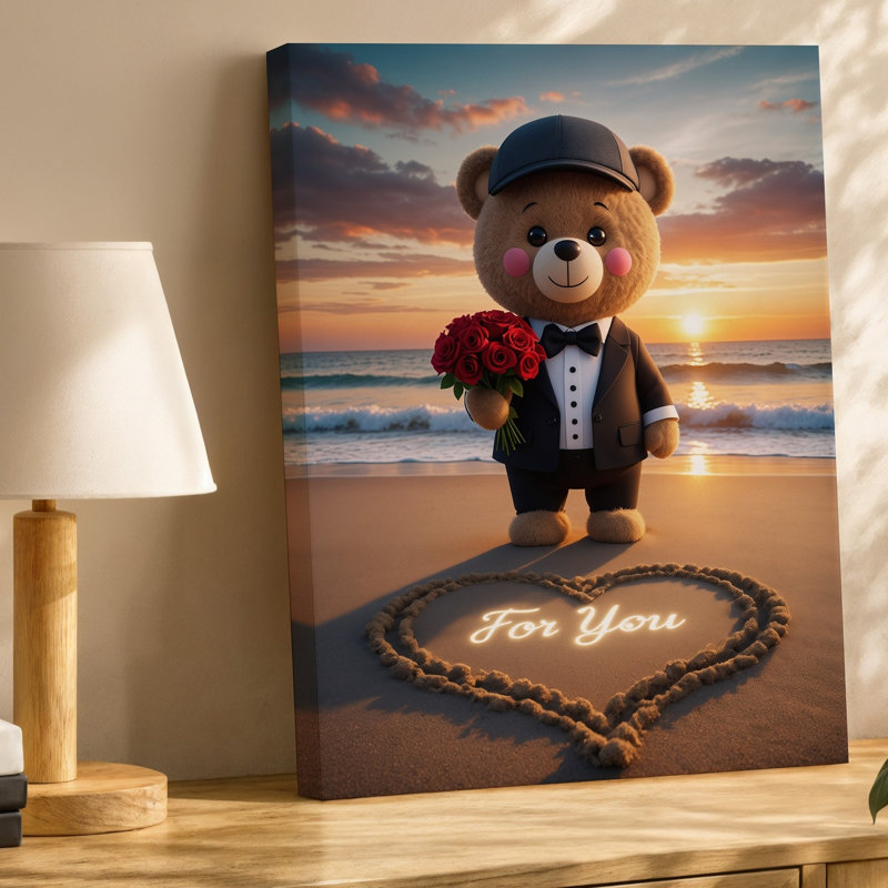 Toile, un charmant ours en peluche debout sur une plage de sable, art au coucher du soleil, H 24 po x l 18 po
